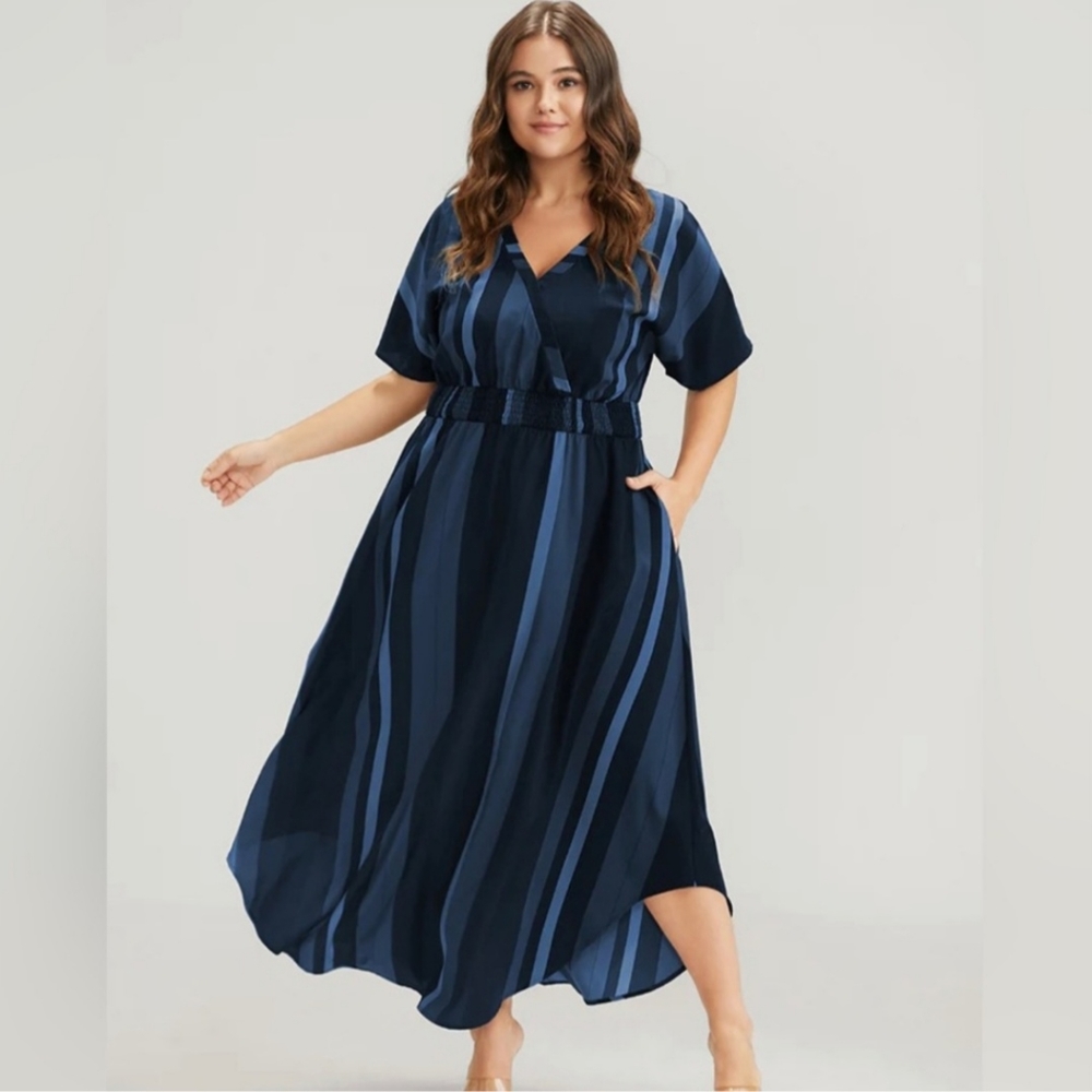 Bloomchic Blue Striped Dolman Sleeve Pocket Shirred Wrap Dress Size 1x 14/16 NWT